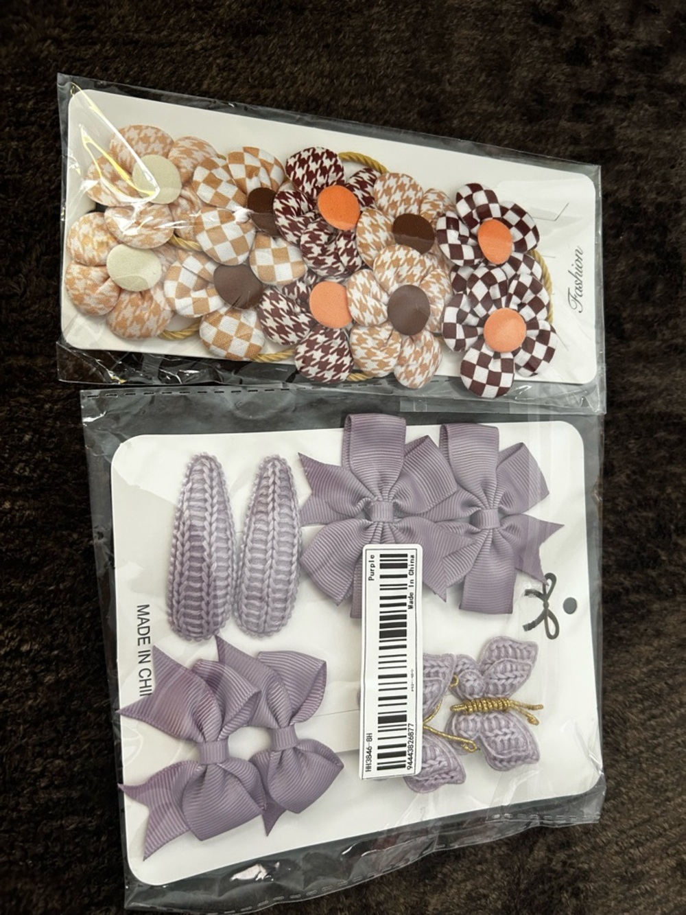 Purple Bow & Knit Hair Clip Set with Floral Accents